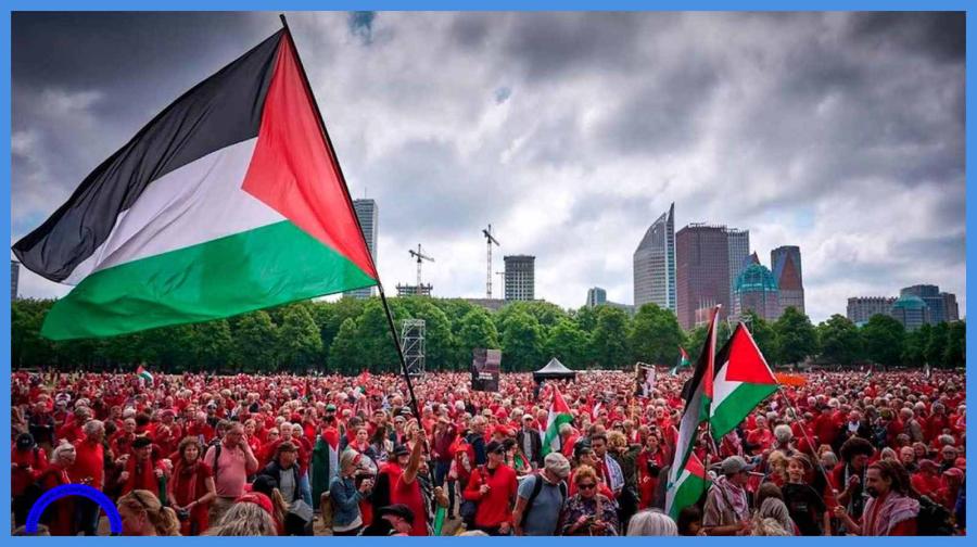 تظاهر عشرات آلاف الأشخاص، اليوم الأحد في لاهاي، احتجاجا على سياسة الحكومة الهولندية إزاء إسرائيل والحرب في غزة، في أكبر تجمّع في البلد منذ 2